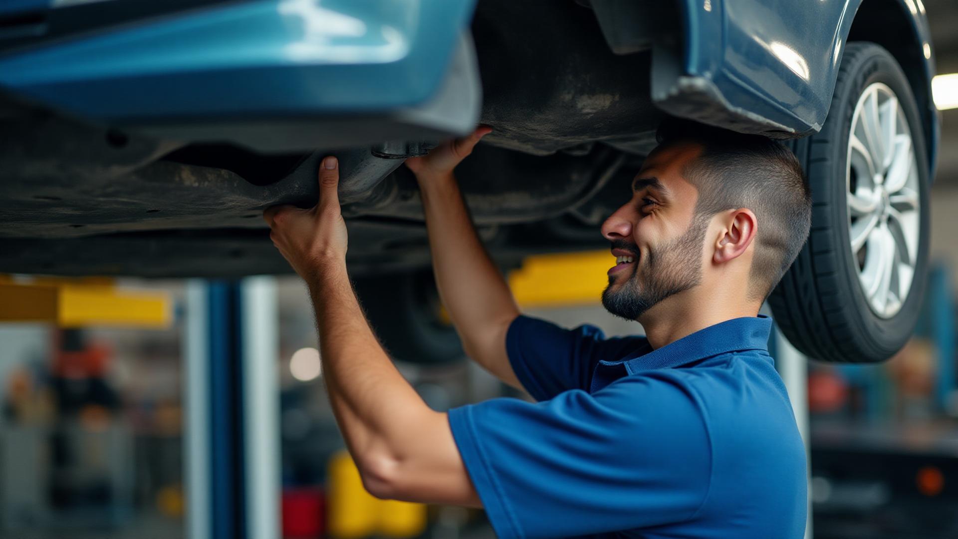 Mechanic working on a car at Poblano's Tire Mechanic & Muffler Shop in Irving, TX